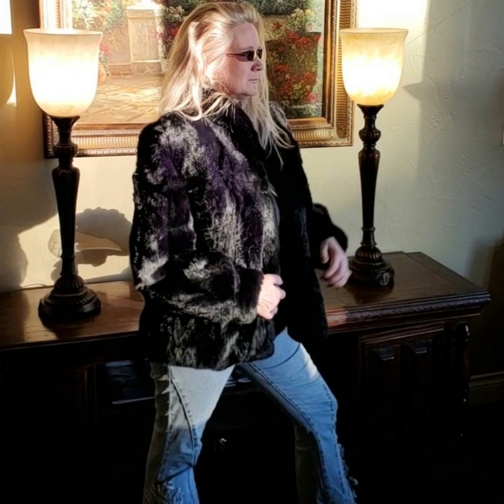 Black Striped Rabbit Fur Jacket - Picture 3 of 17